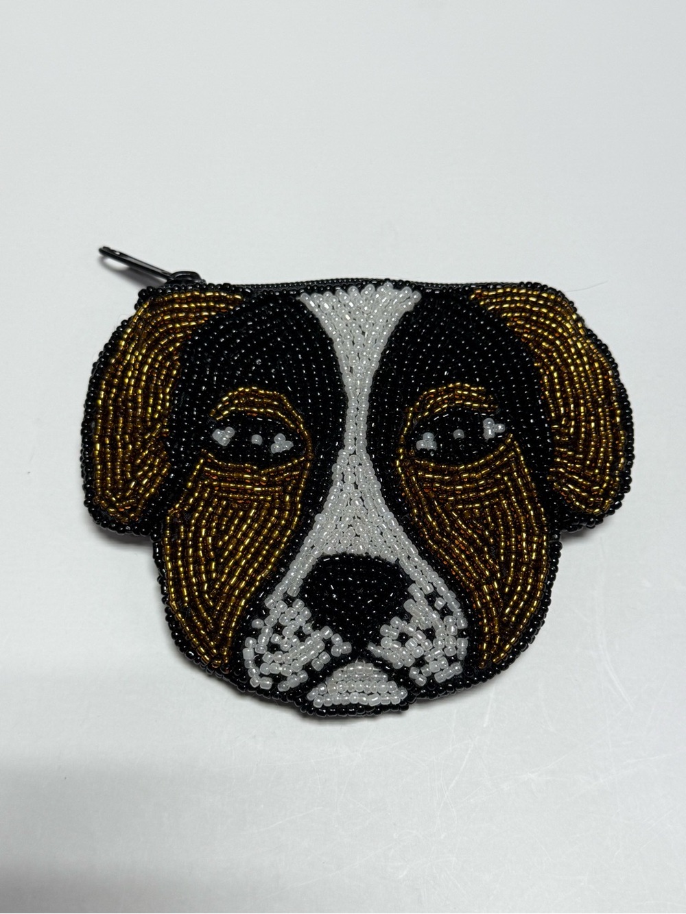 Hand Beaded Brown Dog Coin Purse Zip Pouch Novelty Puppy Wallet NWOT